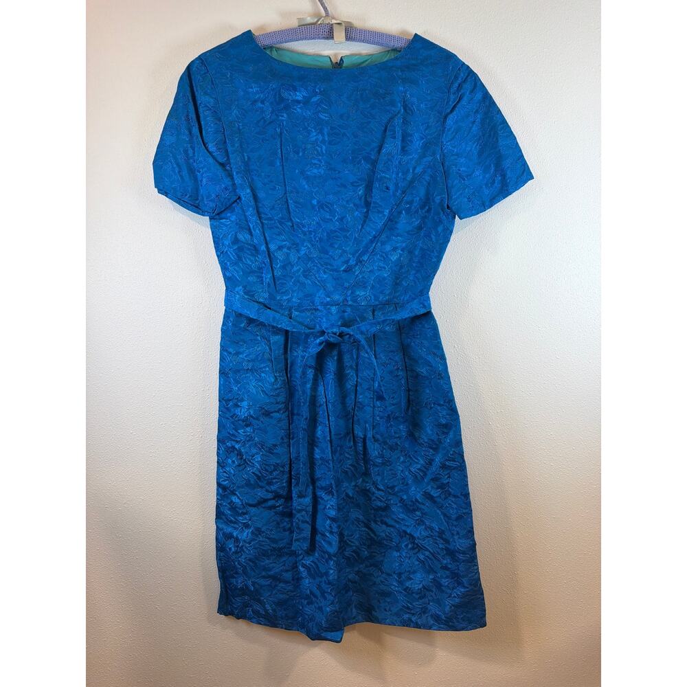 Vintage 1950s Aqua Blue Floral Brocade Iridescent Dress